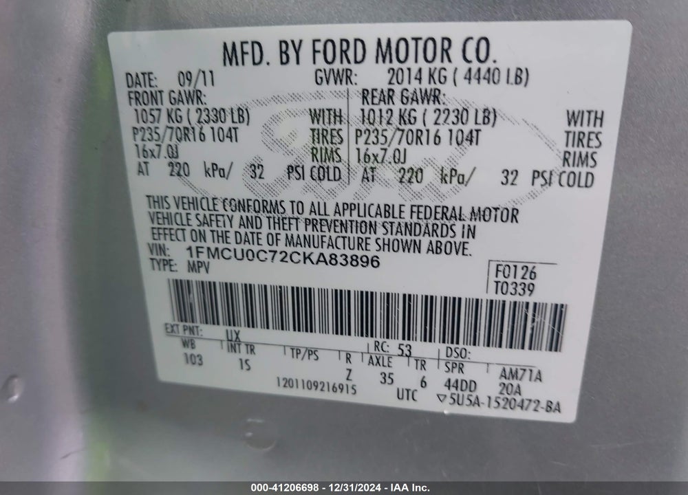 2012 FORD ESCAPE XLS VIN: 1FMCU0C72CKA83896