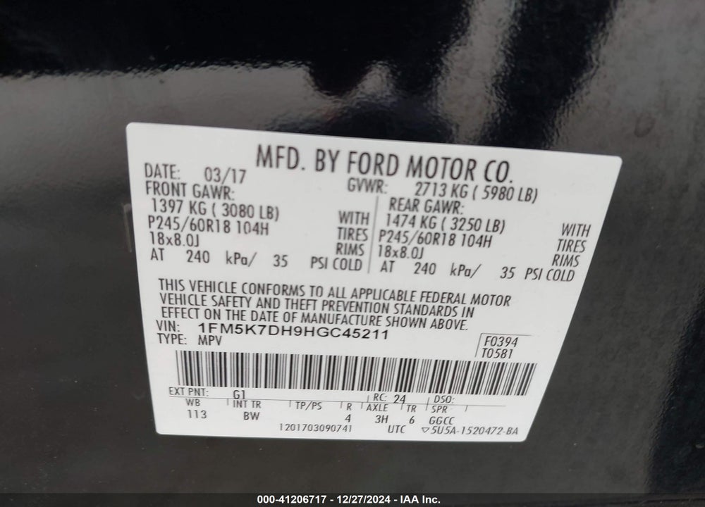 2017 FORD EXPLORER XLT VIN: 1FM5K7DH9HGC45211