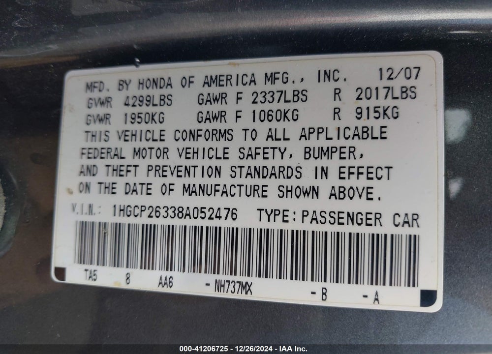 2008 HONDA ACCORD 2.4 LX VIN: 1HGCP26338A052476