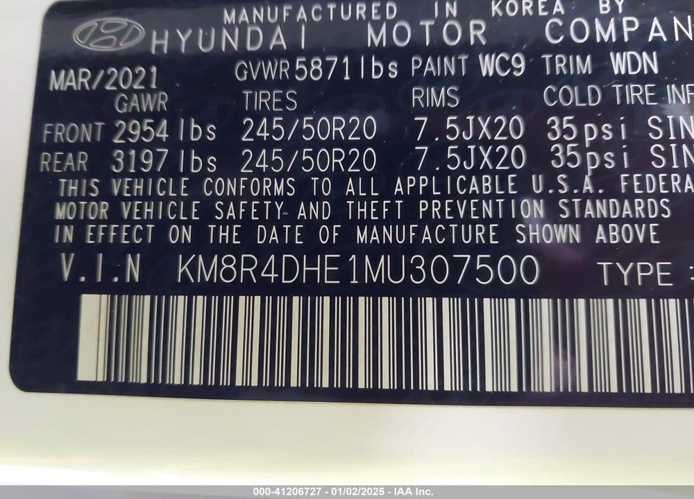 2021 HYUNDAI PALISADE SEL VIN: KM8R4DHE1MU307500