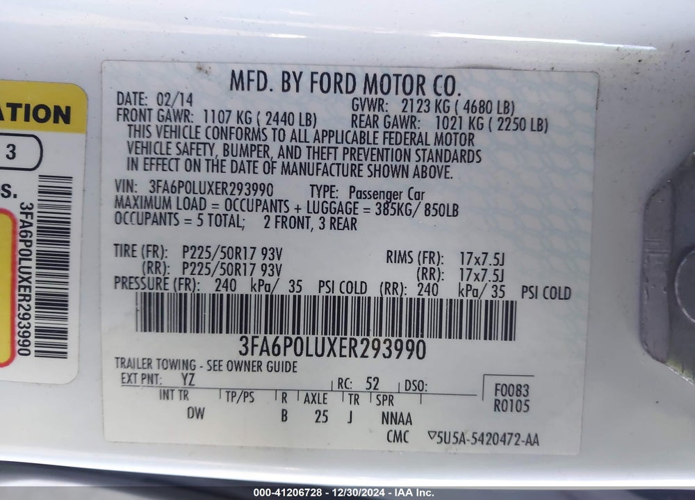 2014 FORD FUSION HYBRID VIN: 3FA6P0LUXER293990