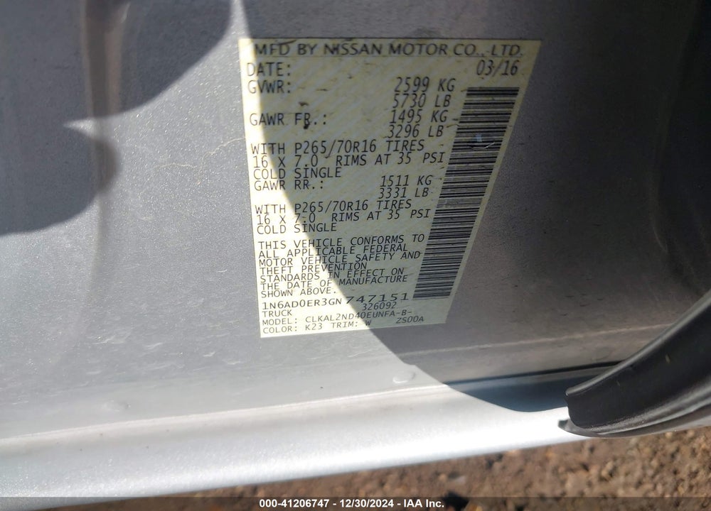 2016 NISSAN FRONTIER VIN: 1N6AD0ER3GN747151
