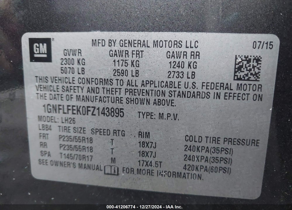 2015 CHEVROLET EQUINOX 1LT VIN: 1GNFLFEK0FZ143895