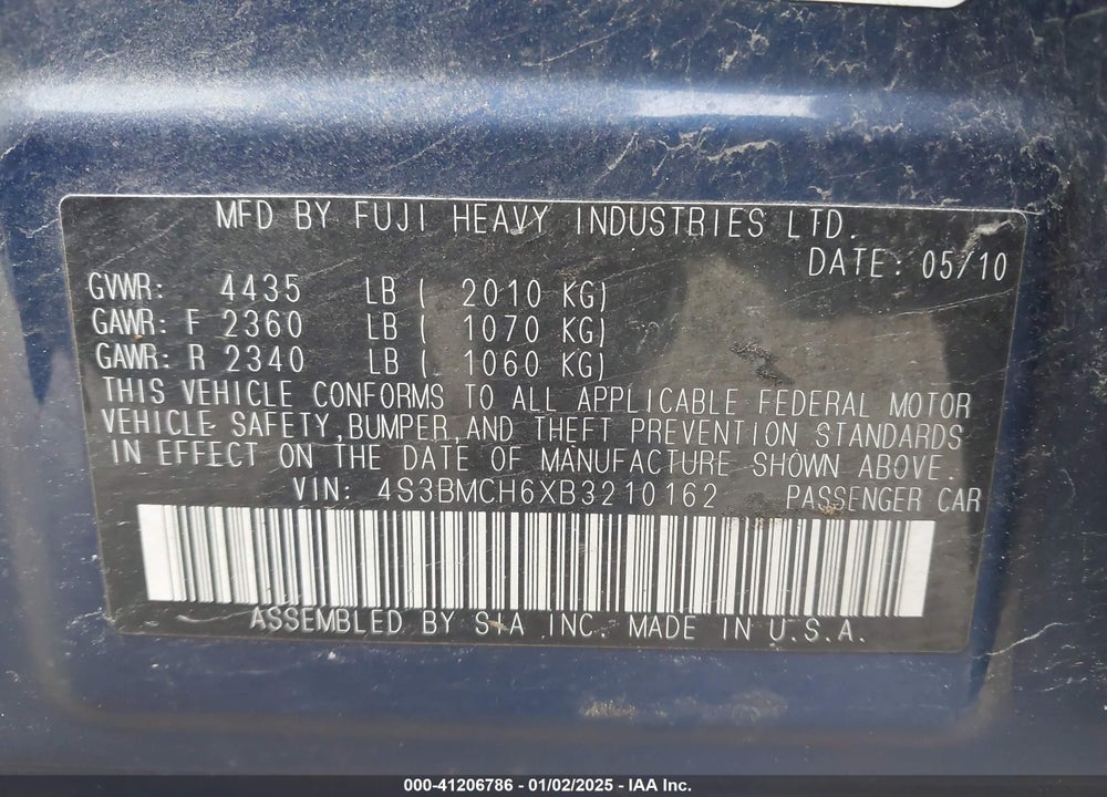 2011 SUBARU LEGACY 2.5I PREMIUM VIN: 4S3BMCH6XB3210162