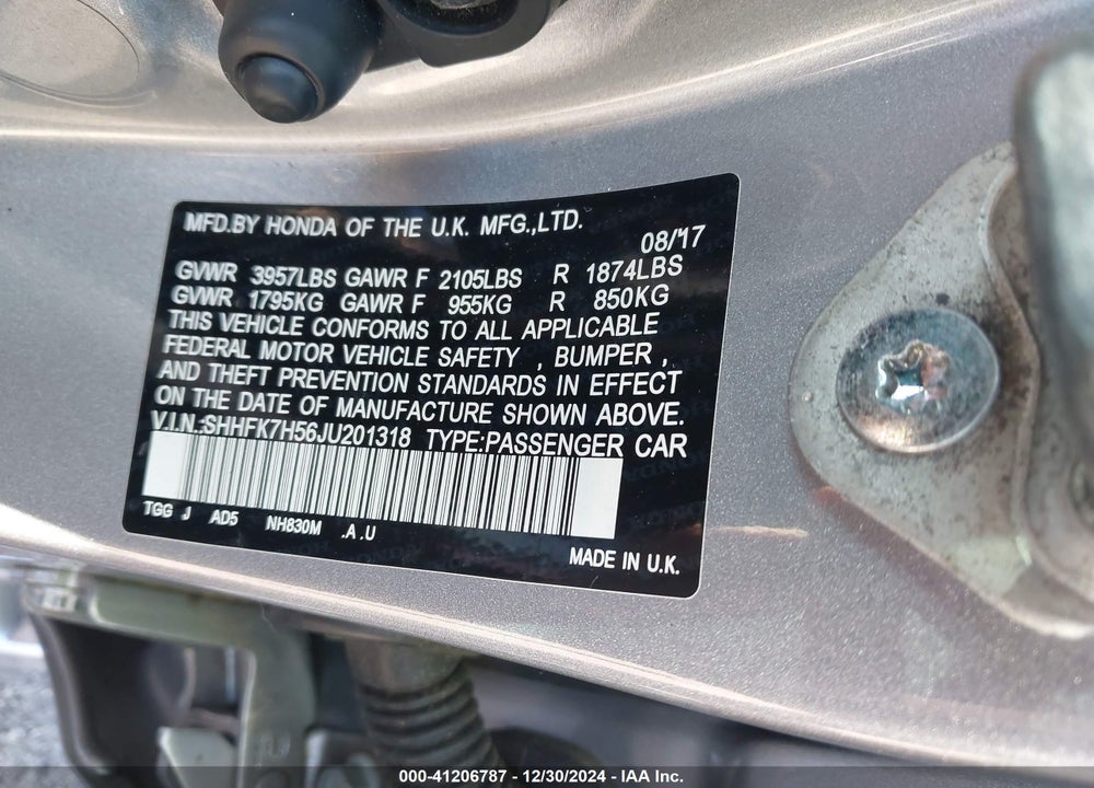 2018 HONDA CIVIC VIN: SHHFK7H56JU201318