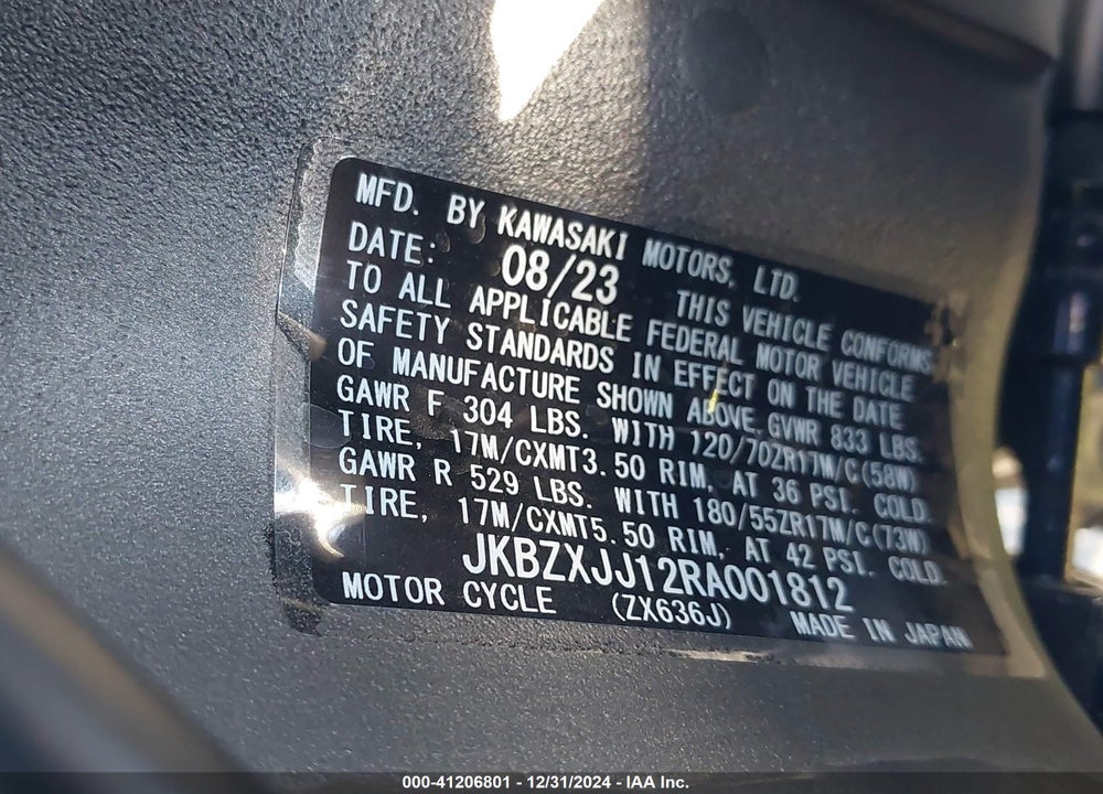 2024 KAWASAKI ZX636 K VIN: JKBZXJJ12RA001812