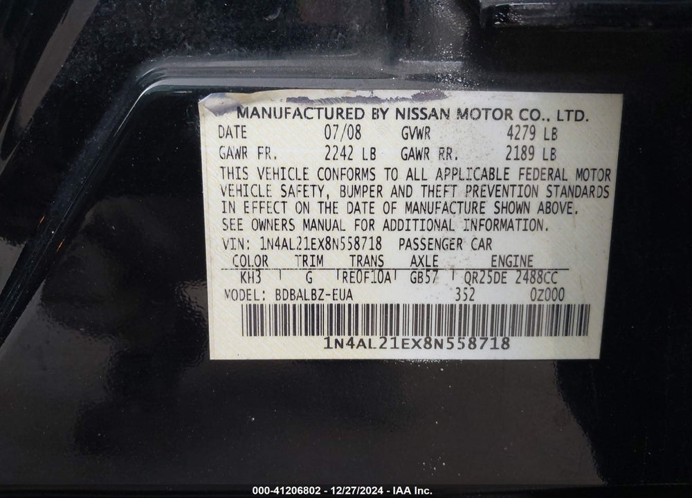 2008 NISSAN ALTIMA VIN: 1N4AL21EX8N558718