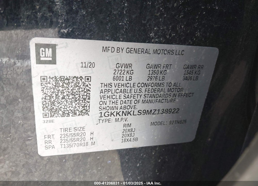 2021 GMC ACADIA VIN: 1GKKNKLS9MZ138922