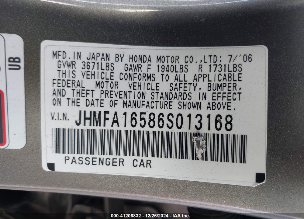 2006 HONDA CIVIC LX VIN: JHMFA16586S013168
