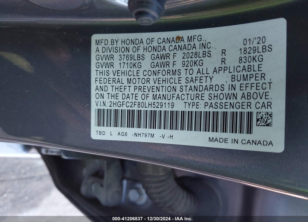 2020 HONDA CIVIC VIN: 2HGFC2F80LH529119