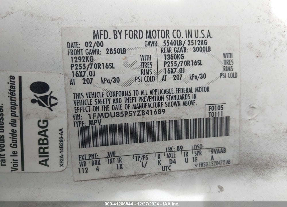 2000 FORD EXPLORER LIMITED VIN: 1FMDU85P5YZB41689