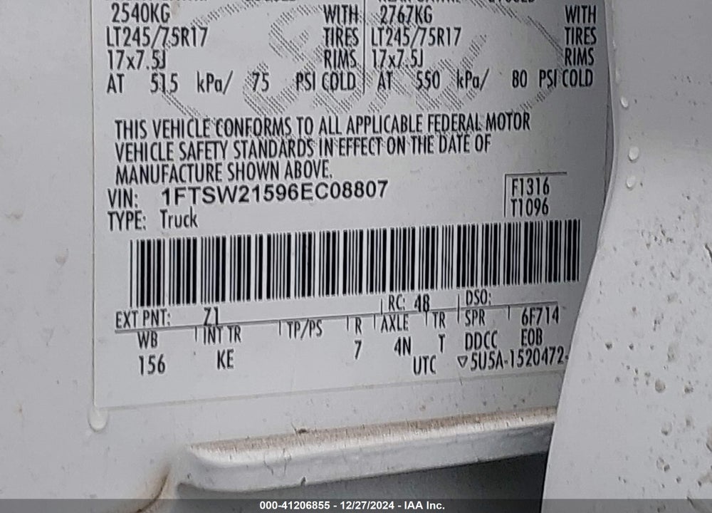2006 FORD F250 VIN: 1FTSW21596EC08807