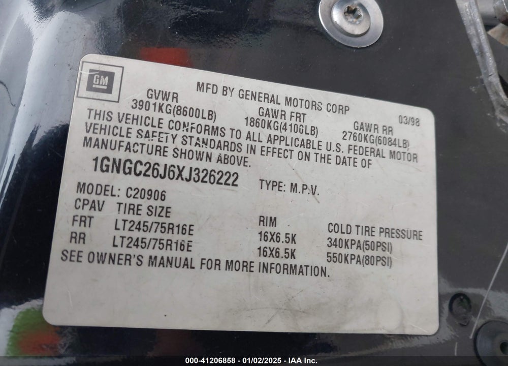 1999 CHEVROLET SUBURBAN 2500 VIN: 1GNGC26J6XJ326222