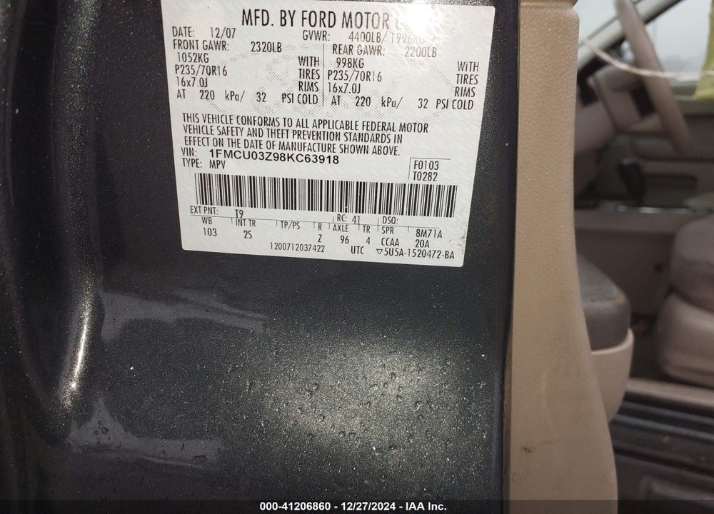 2008 FORD ESCAPE XLT VIN: 1FMCU03Z98KC63918