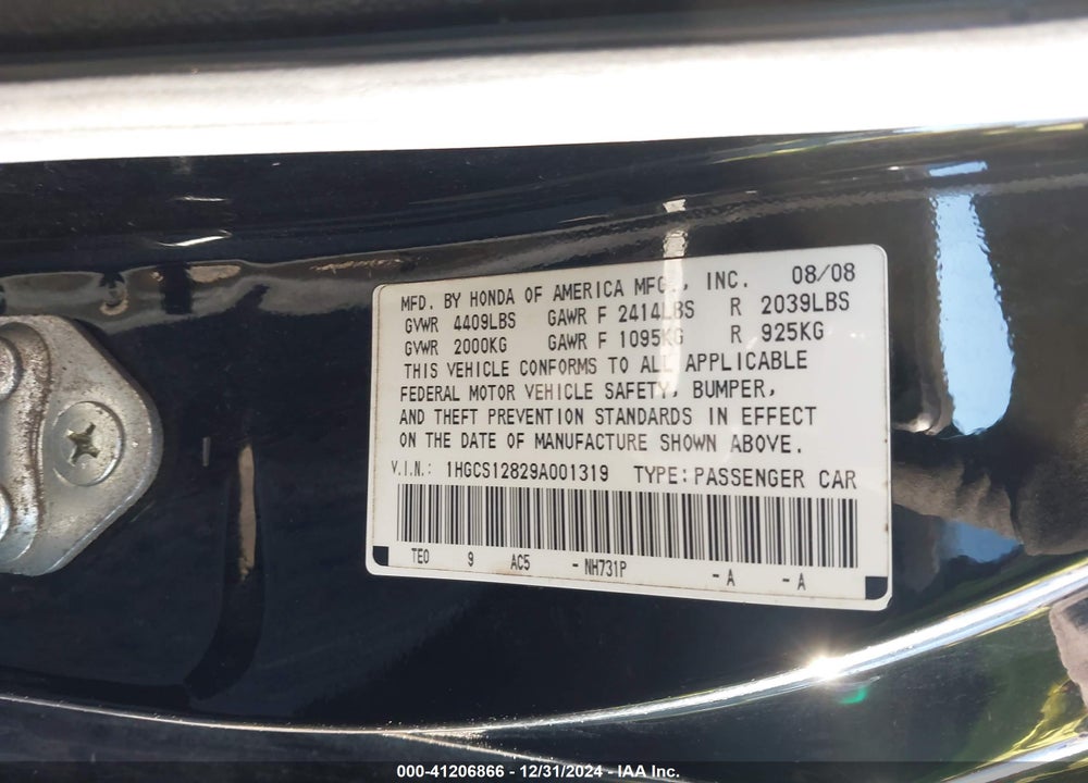2009 HONDA ACCORD VIN: 1HGCS12829A001319
