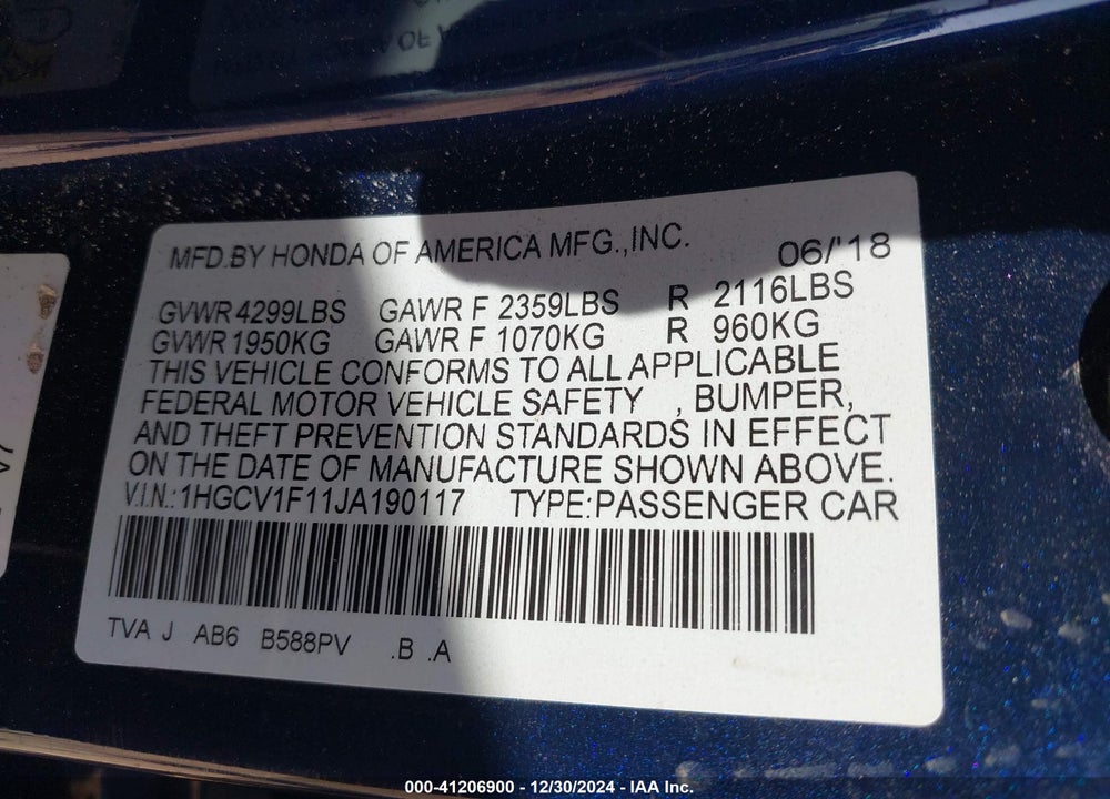 2018 HONDA ACCORD VIN: 1HGCV1F11JA190117