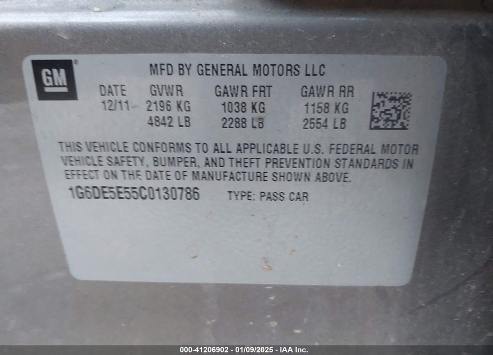 2012 CADILLAC CTS VIN: 1G6DE5E55C0130786