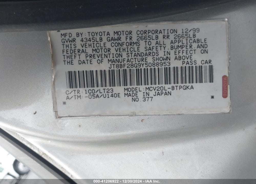 2000 LEXUS ES 300 VIN: JT8BF28G9Y5088953