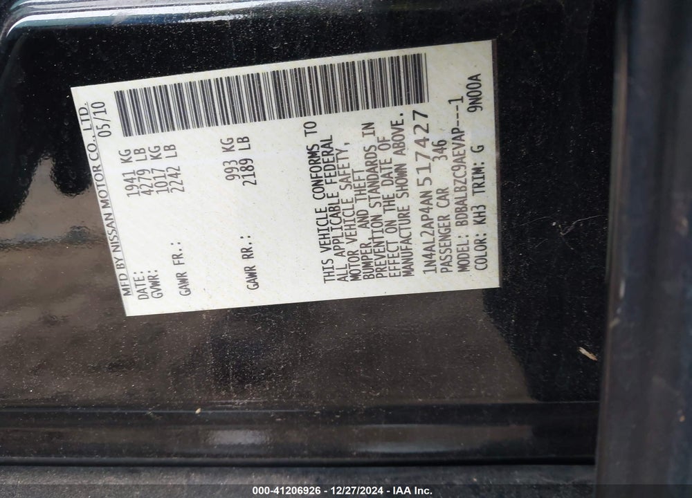 2010 NISSAN ALTIMA S VIN: 1N4AL2AP4AN517427