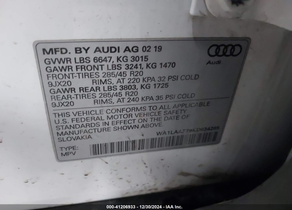 2019 AUDI Q7 55 PREMIUM VIN: WA1LAAF79KD034285