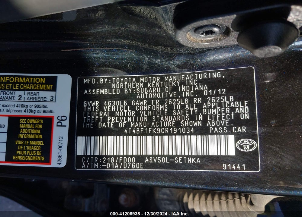 2012 TOYOTA CAMRY LE VIN: 4T4BF1FK9CR191034