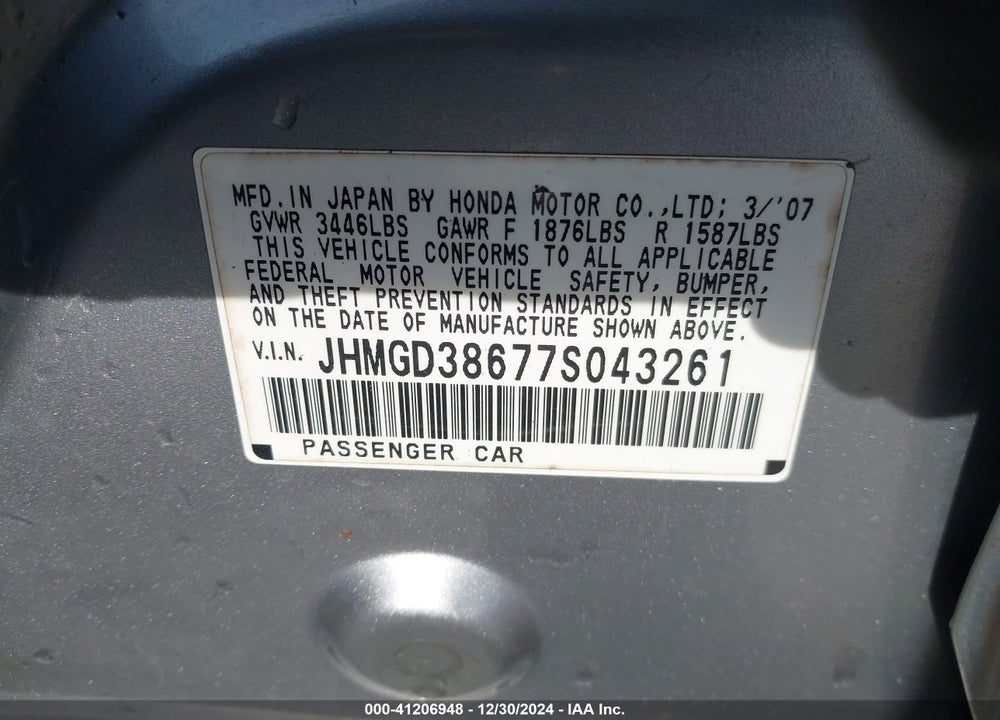 2007 HONDA FIT SPORT VIN: JHMGD38677S043261