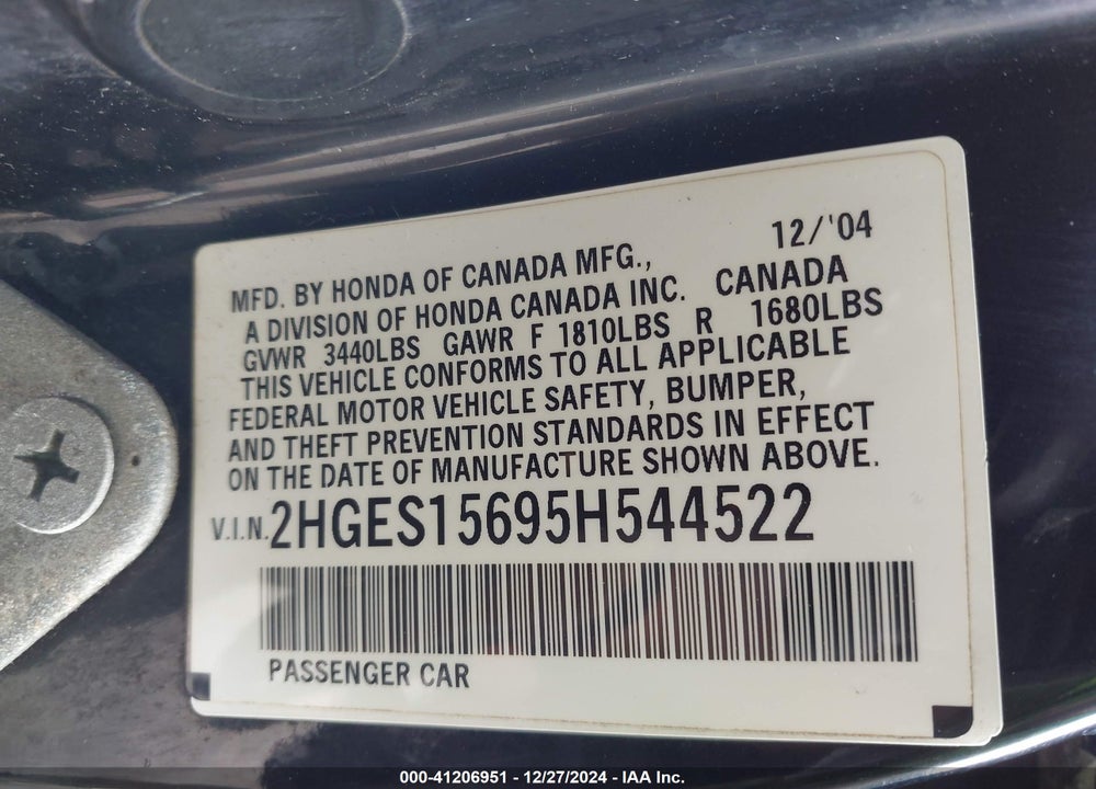 2005 HONDA CIVIC LX VIN: 2HGES15695H544522