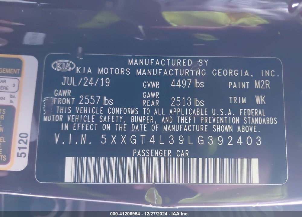 2020 KIA OPTIMA VIN: 5XXGT4L39LG392403