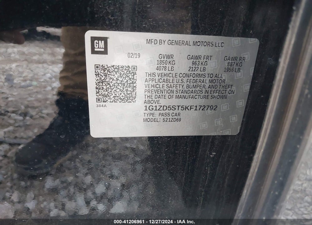 2019 CHEVROLET MALIBU LT VIN: 1G1ZD5ST5KF172792