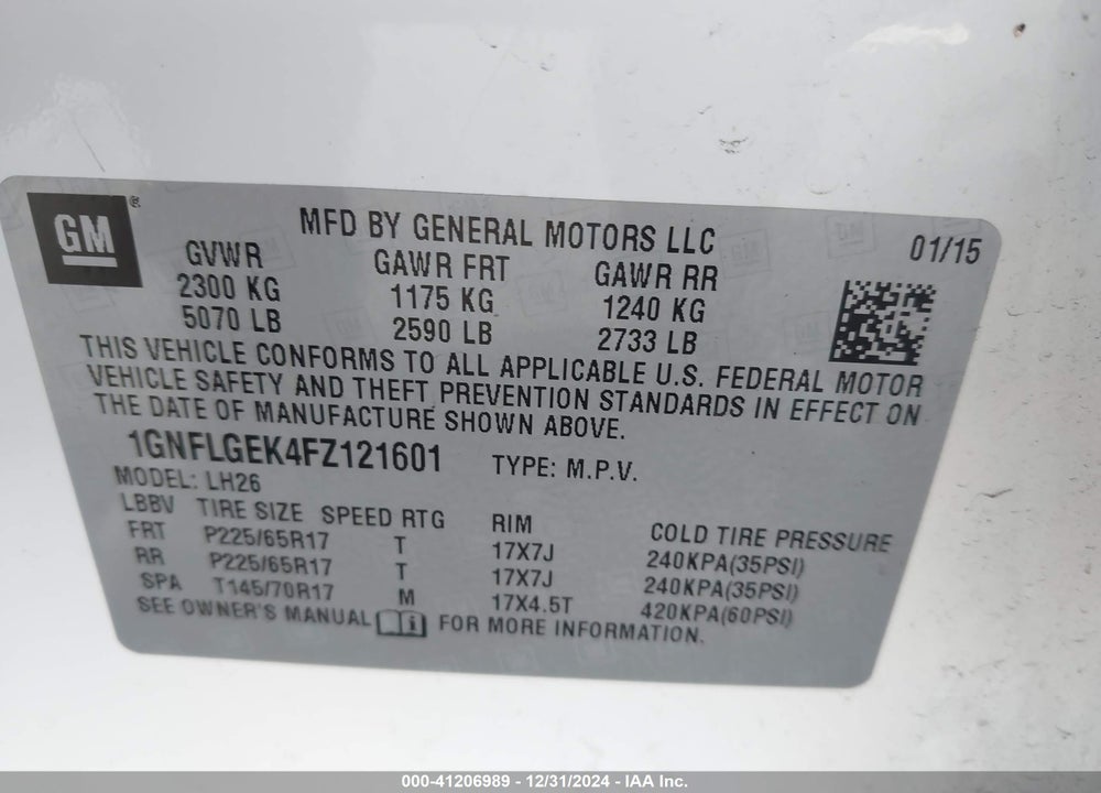 2015 CHEVROLET EQUINOX 2LT VIN: 1GNFLGEK4FZ121601