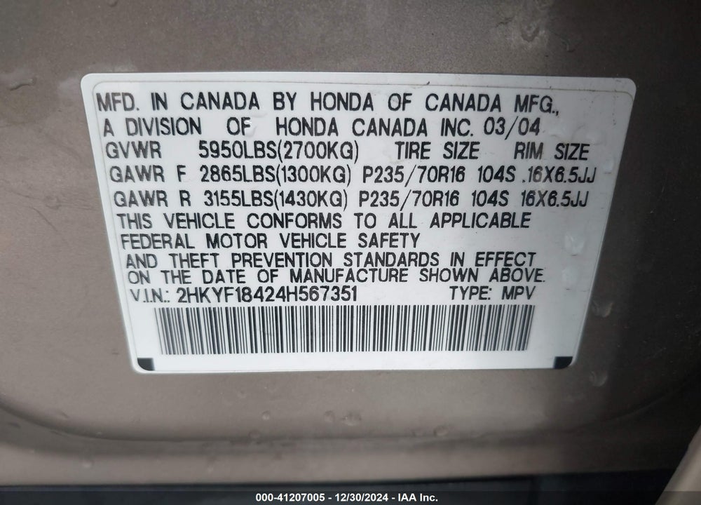 2004 HONDA PILOT EX VIN: 2HKYF18424H567351