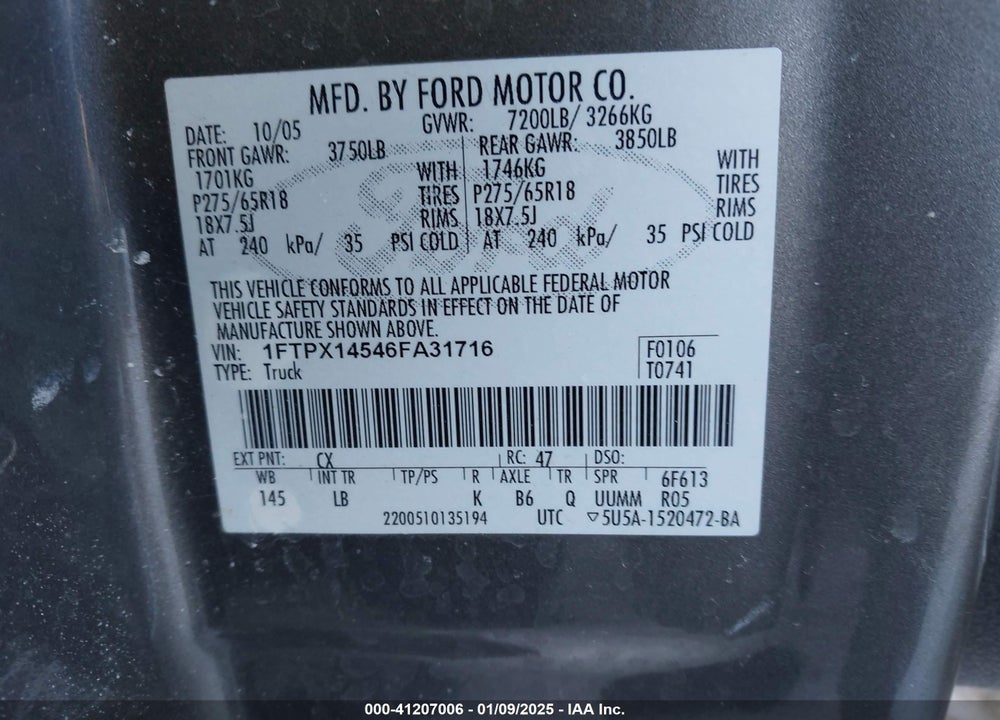 2006 FORD F-150 VIN: 1FTPX14546FA31716