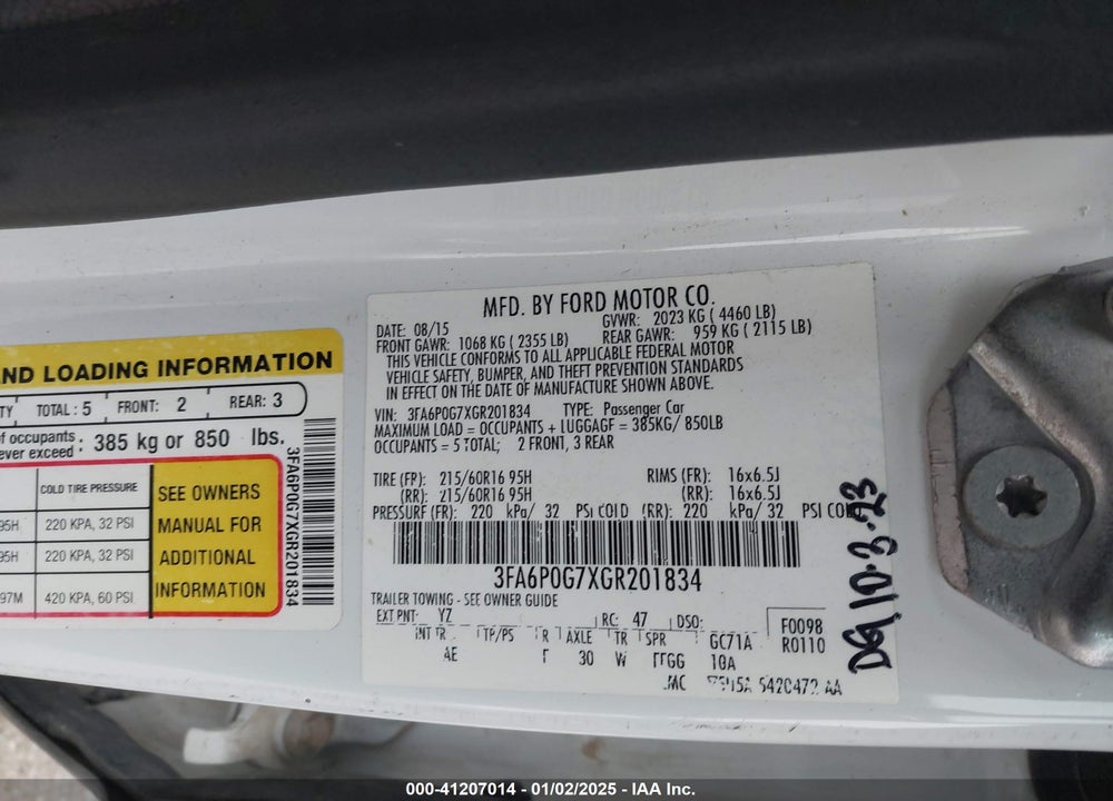 2016 FORD FUSION VIN: 3FA6P0G7XGR201834