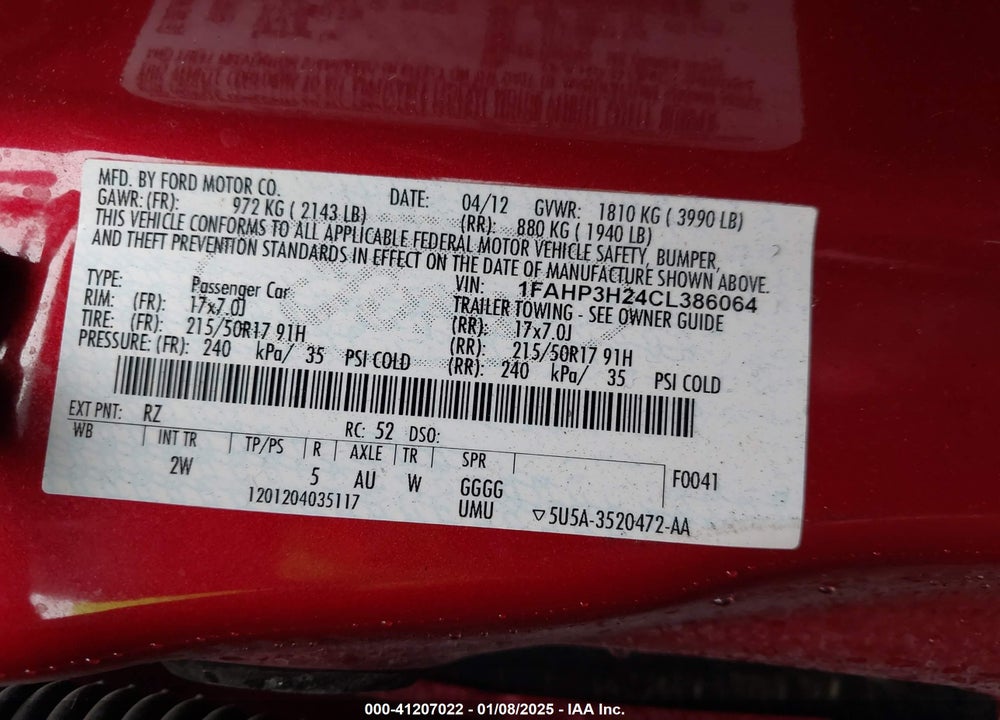 2012 FORD FOCUS VIN: 1FAHP3H24CL386064