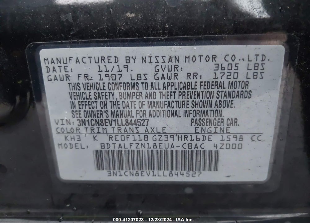 2020 NISSAN VERSA VIN: 3N1CN8EV1LL844527