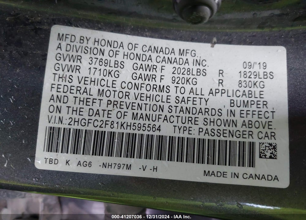 2019 HONDA CIVIC VIN: 2HGFC2F81KH595564