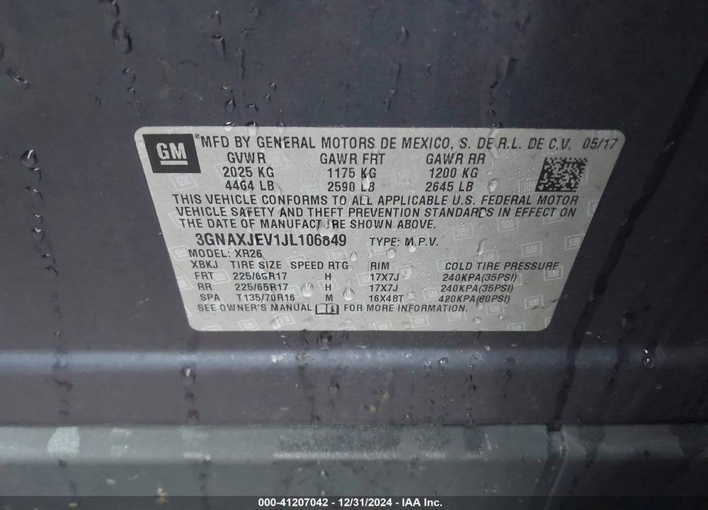 2018 CHEVROLET EQUINOX LT VIN: 3GNAXJEV1JL106849