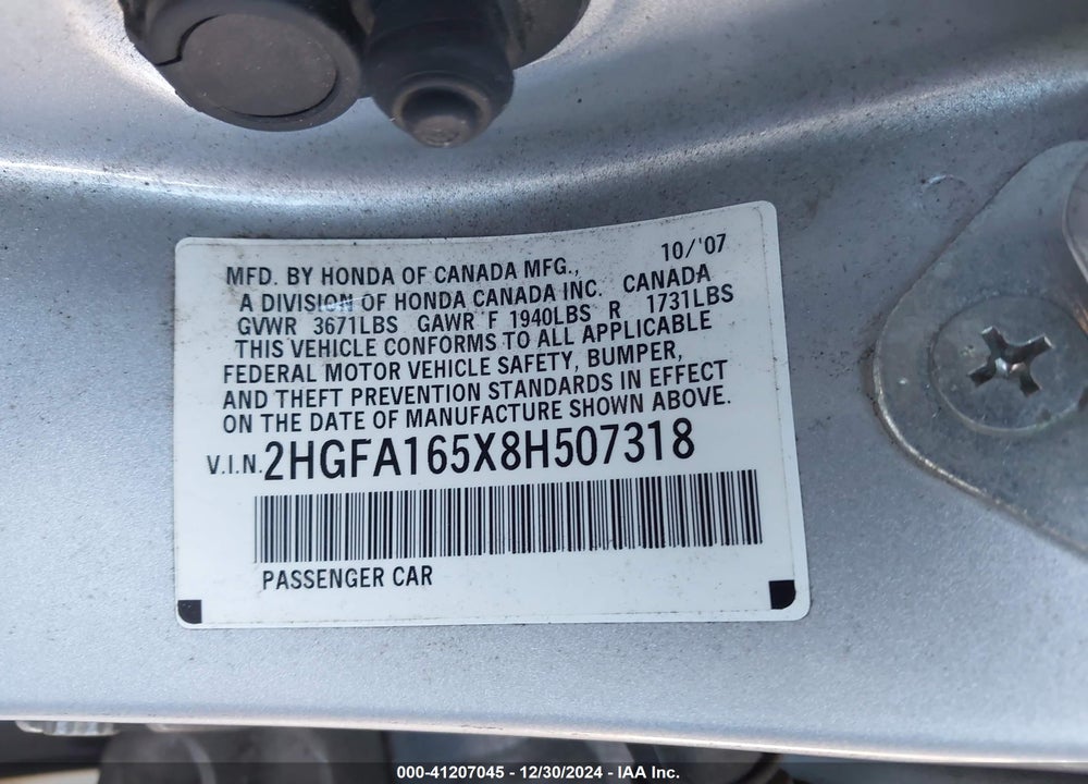 2008 HONDA CIVIC LX VIN: 2HGFA165X8H507318