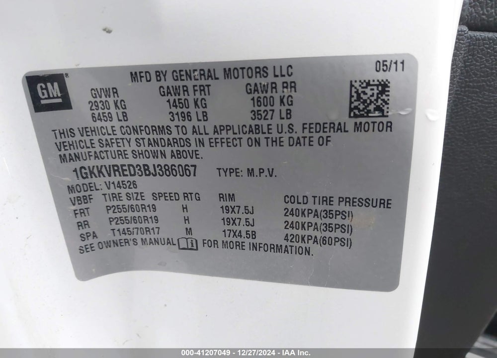 2011 GMC ACADIA SLT-1 VIN: 1GKKVRED3BJ386067