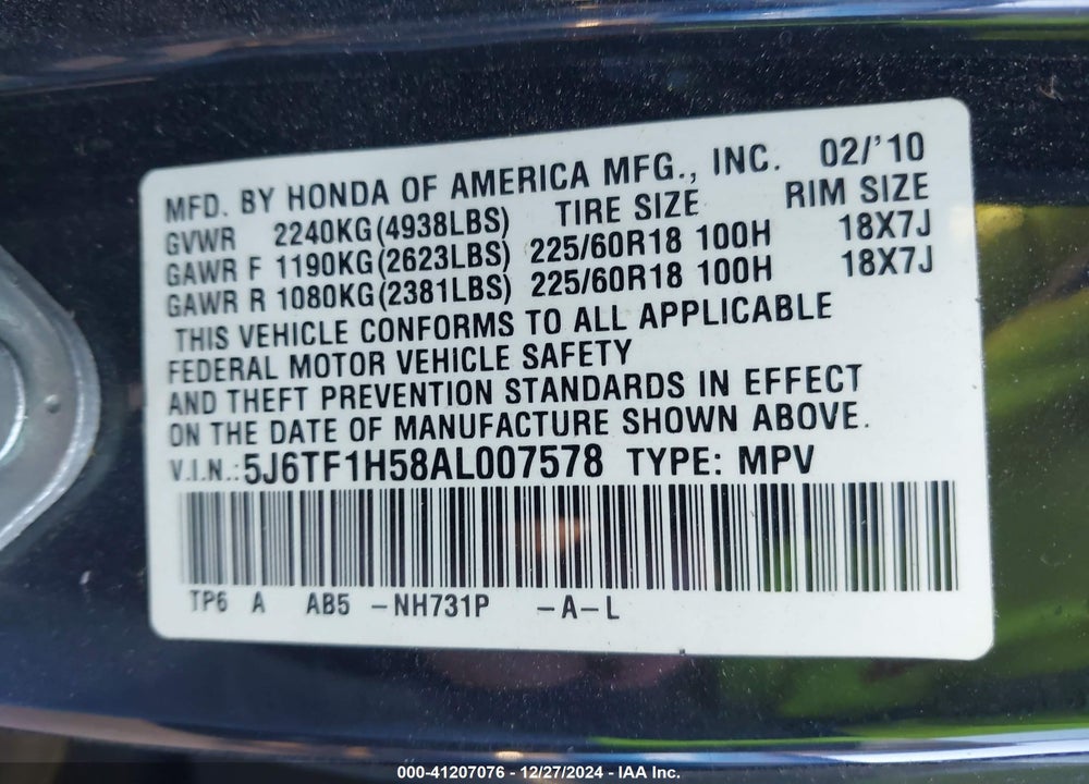 2010 HONDA ACCORD CROSSTOUR EX-L VIN: 5J6TF1H58AL007578
