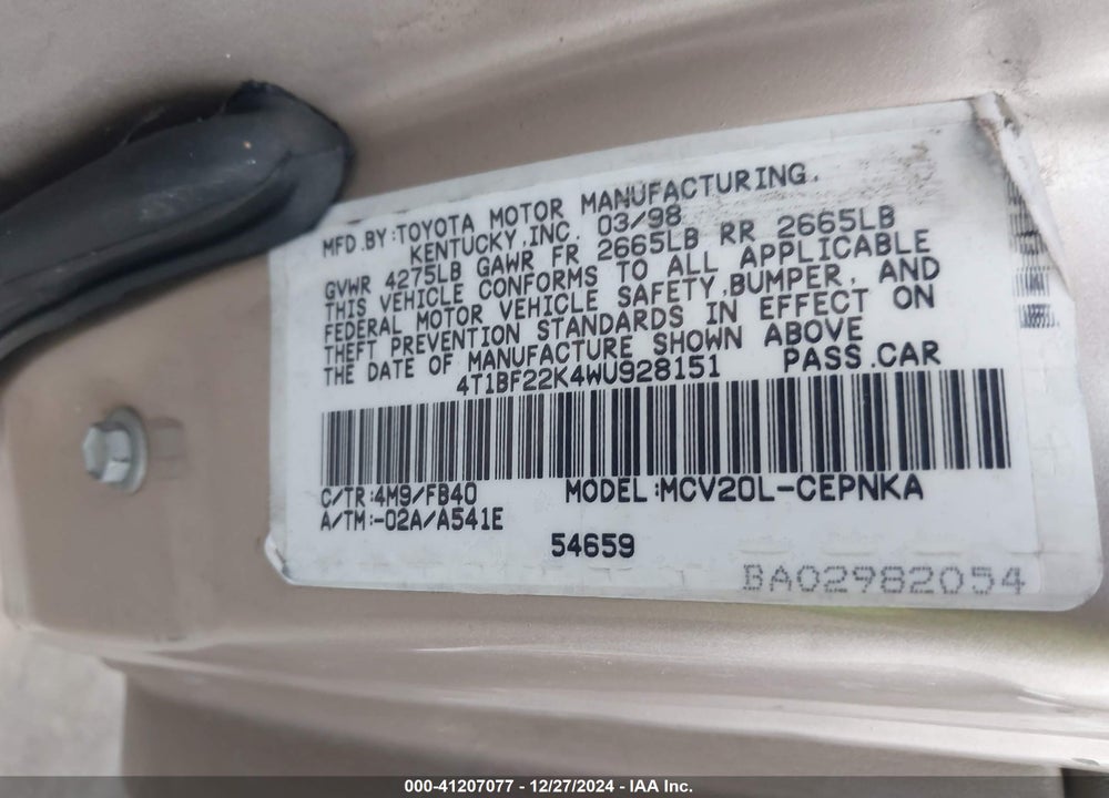 1998 TOYOTA CAMRY LE V6 VIN: 4T1BF22K4WU928151