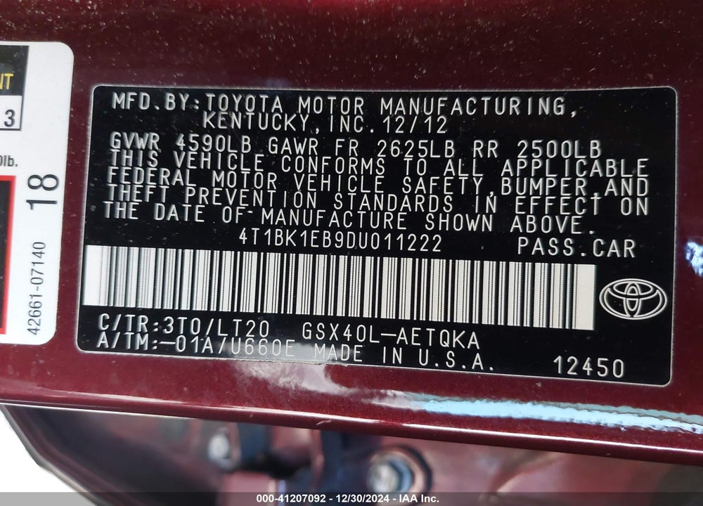 2013 TOYOTA AVALON XLE TOURING VIN: 4T1BK1EB9DU011222