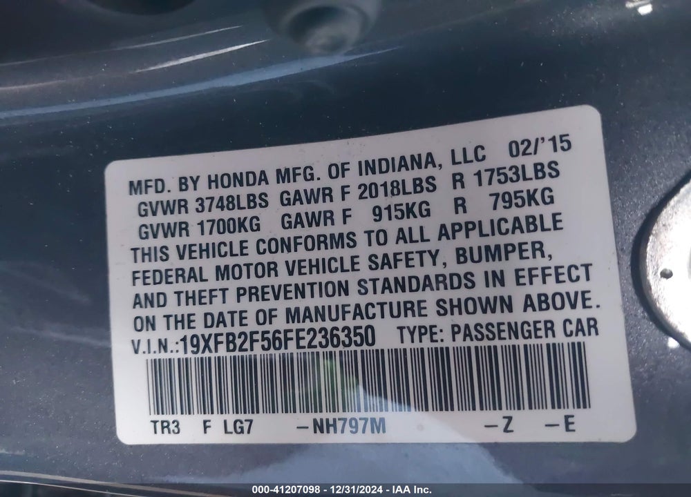 2015 HONDA CIVIC LX VIN: 19XFB2F56FE236350