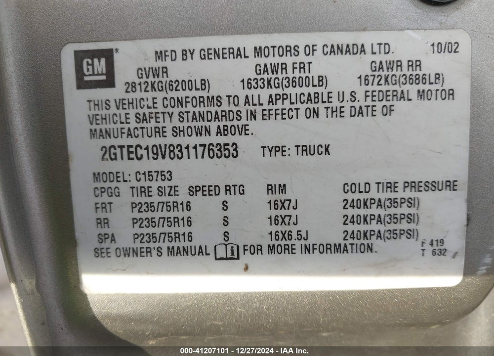 2003 GMC SIERRA 1500 SLE VIN: 2GTEC19V831176353