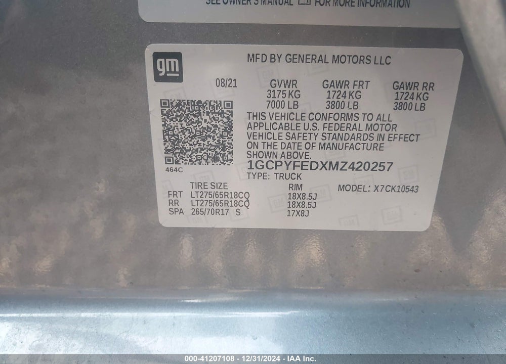 2021 CHEVROLET SILVERADO VIN: 1GCPYFEDXMZ420257