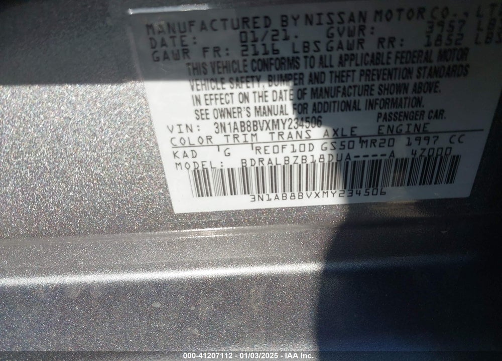 2021 NISSAN SENTRA VIN: 3N1AB8BVXMY234506