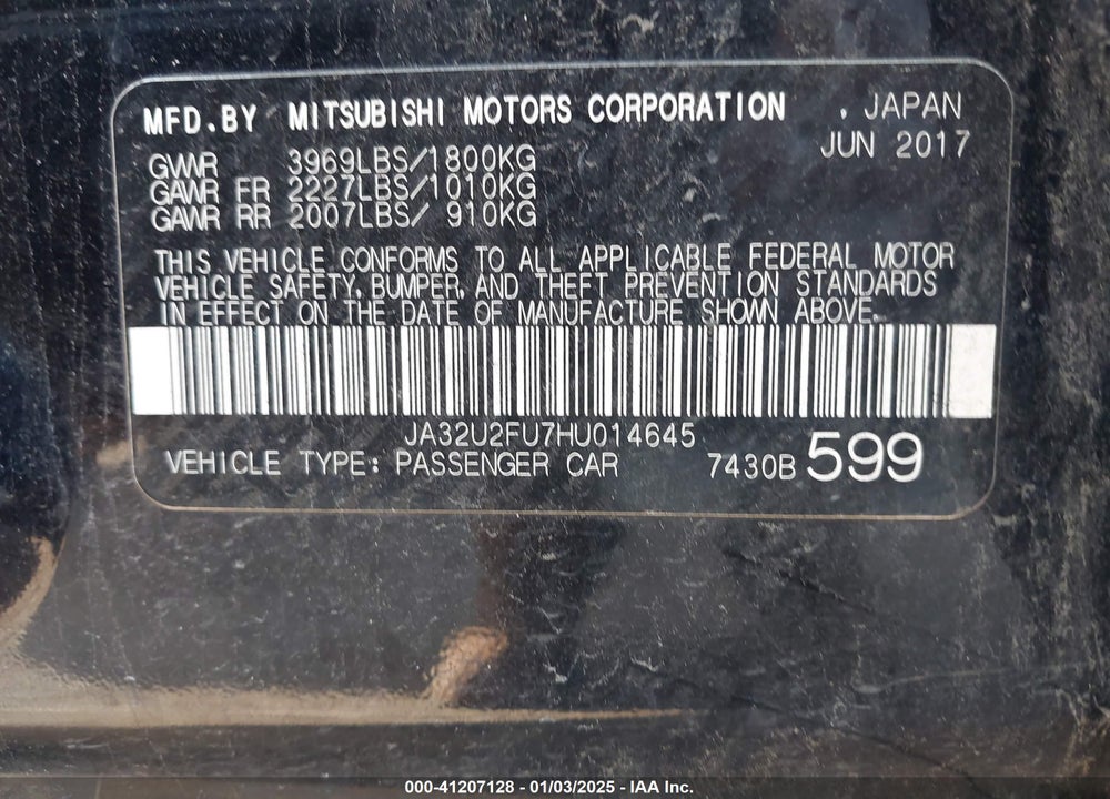 2017 MITSUBISHI LANCER ES VIN: JA32U2FU7HU014645
