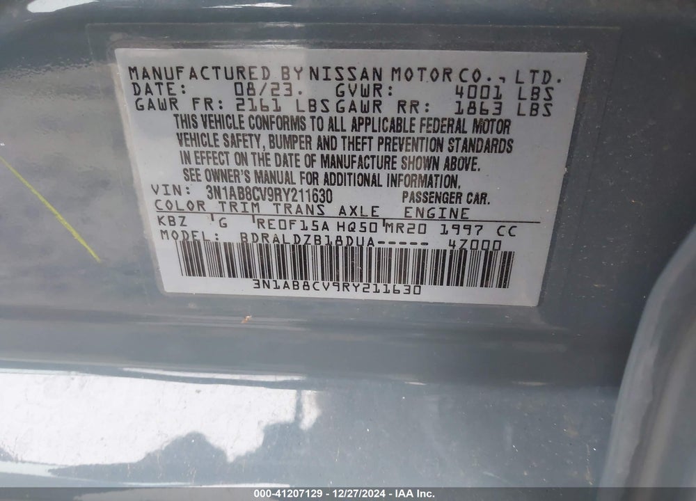 2024 NISSAN SENTRA VIN: 3N1AB8CV9RY211630