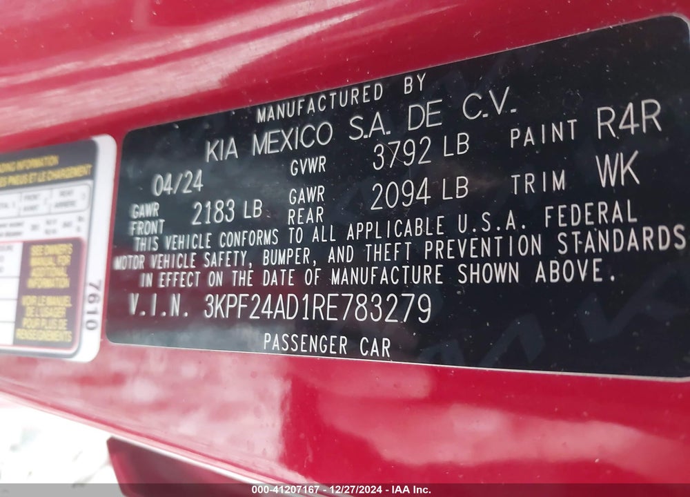 2024 KIA FORTE LXS VIN: 3KPF24AD1RE783279
