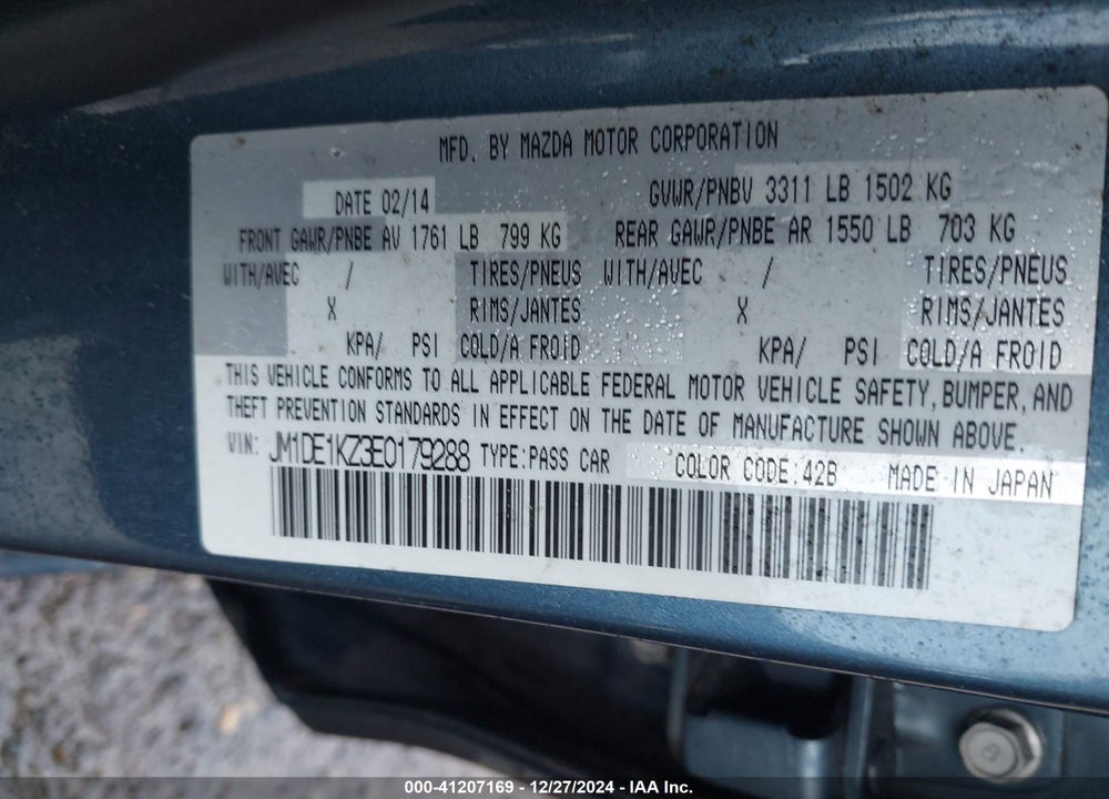 2014 MAZDA 2 SPORT VIN: JM1DE1KZ3E0179288